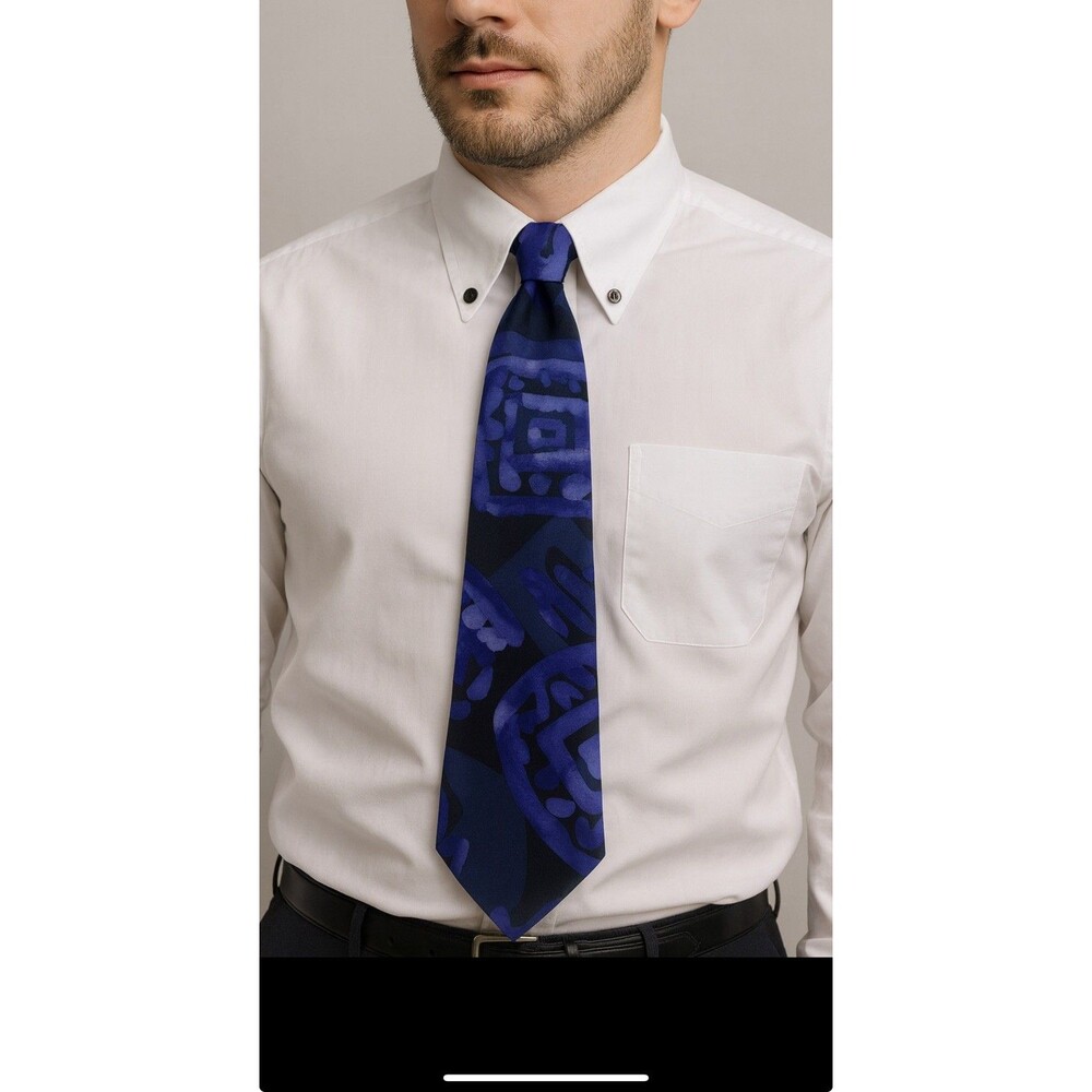 Vintage Montage by Belle 100% Silk blue Abstract Statement Bold Tie Handmade USA